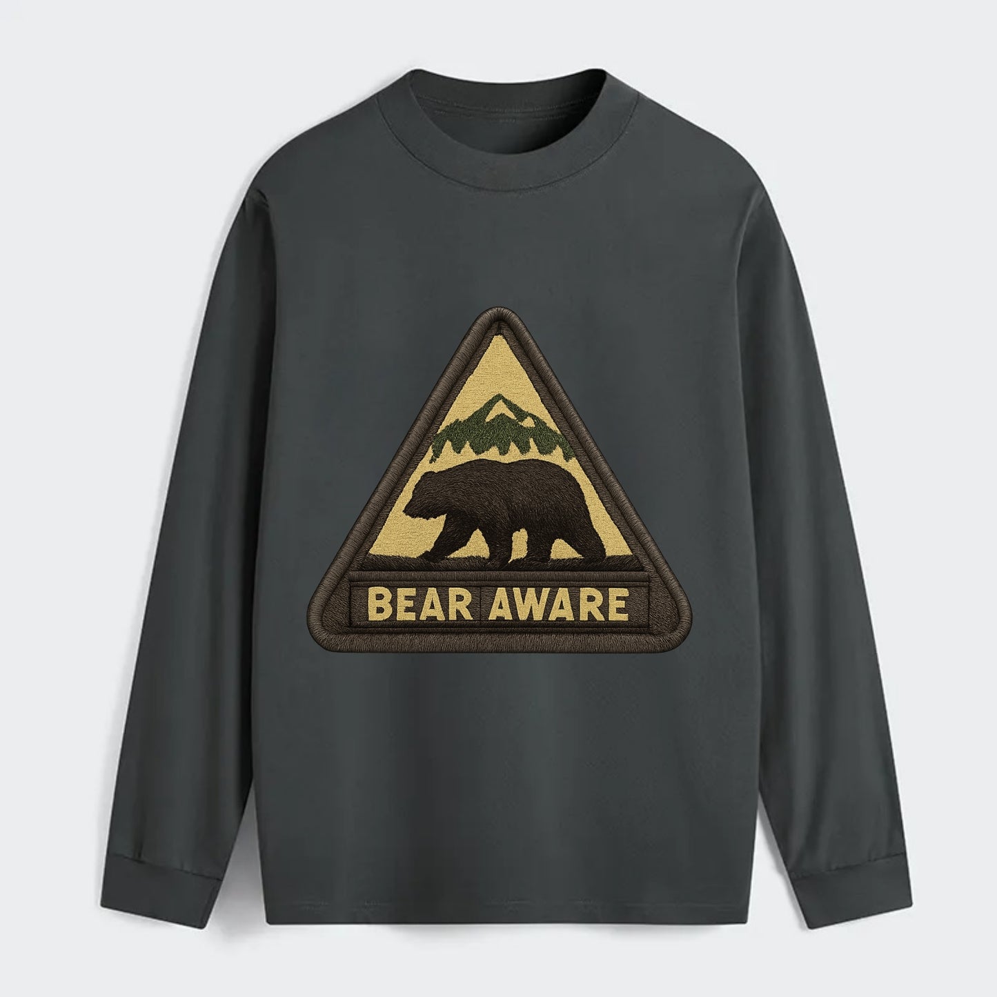 BEAR AWARE - bear silhouette warning in brown and yellow , wilderness - Classic Long Sleeve Shirt - Gray