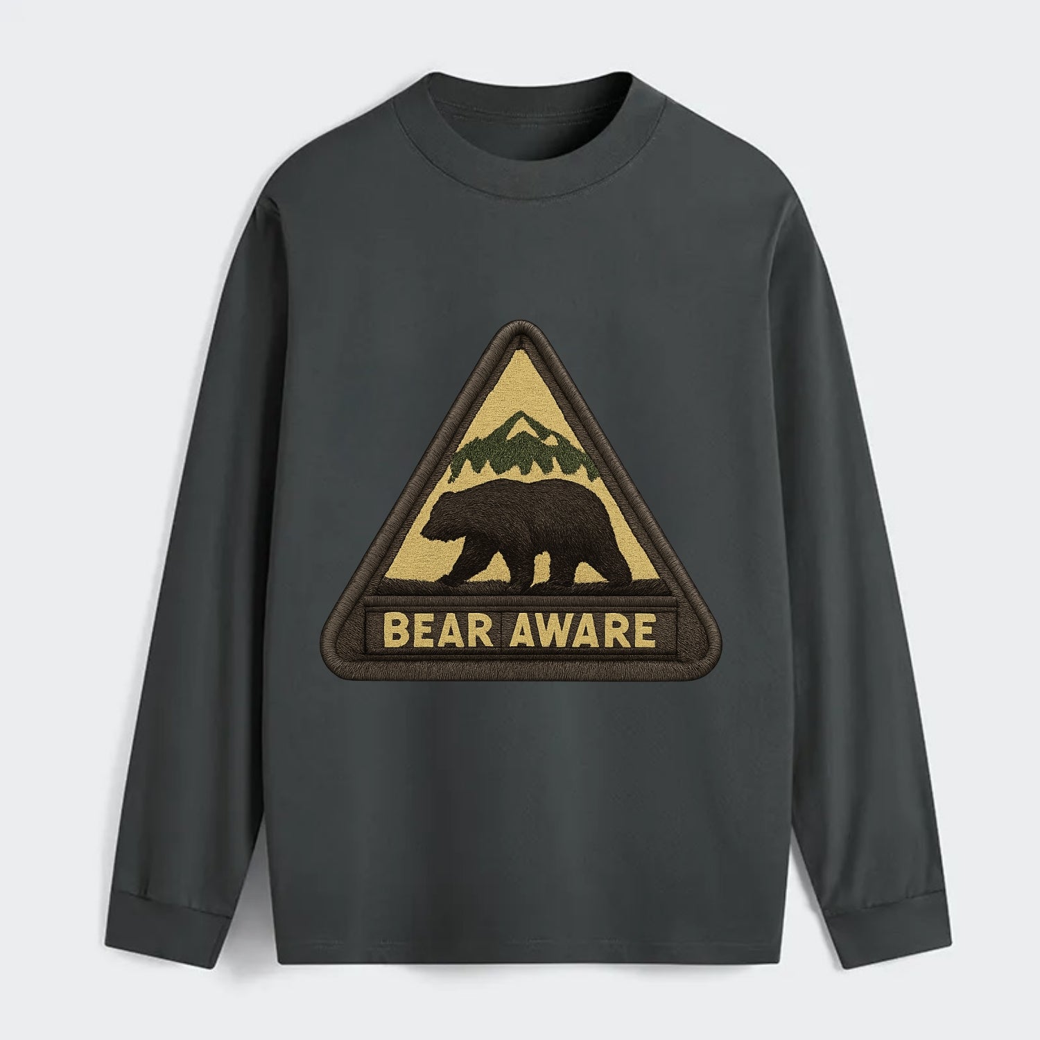 BEAR AWARE - bear silhouette warning in brown and yellow , wilderness - Classic Long Sleeve Shirt - Gray