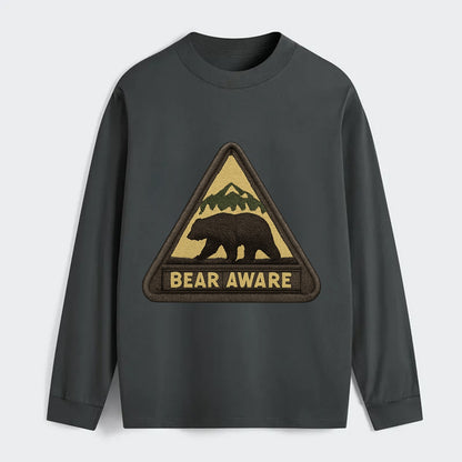 BEAR AWARE - bear silhouette warning in brown and yellow , wilderness - Classic Long Sleeve Shirt - Gray