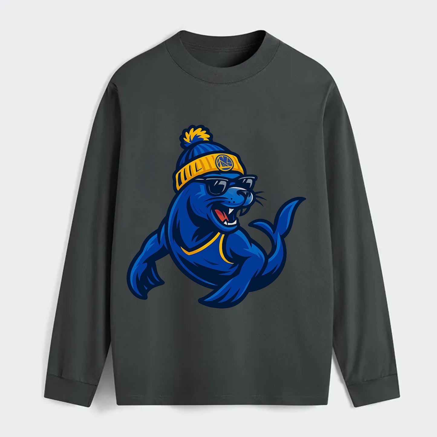 Bay Area Sea Lion wearing Warriors blue and gold beanie with Golden - Classic Long Sleeve Shirt - Gray
