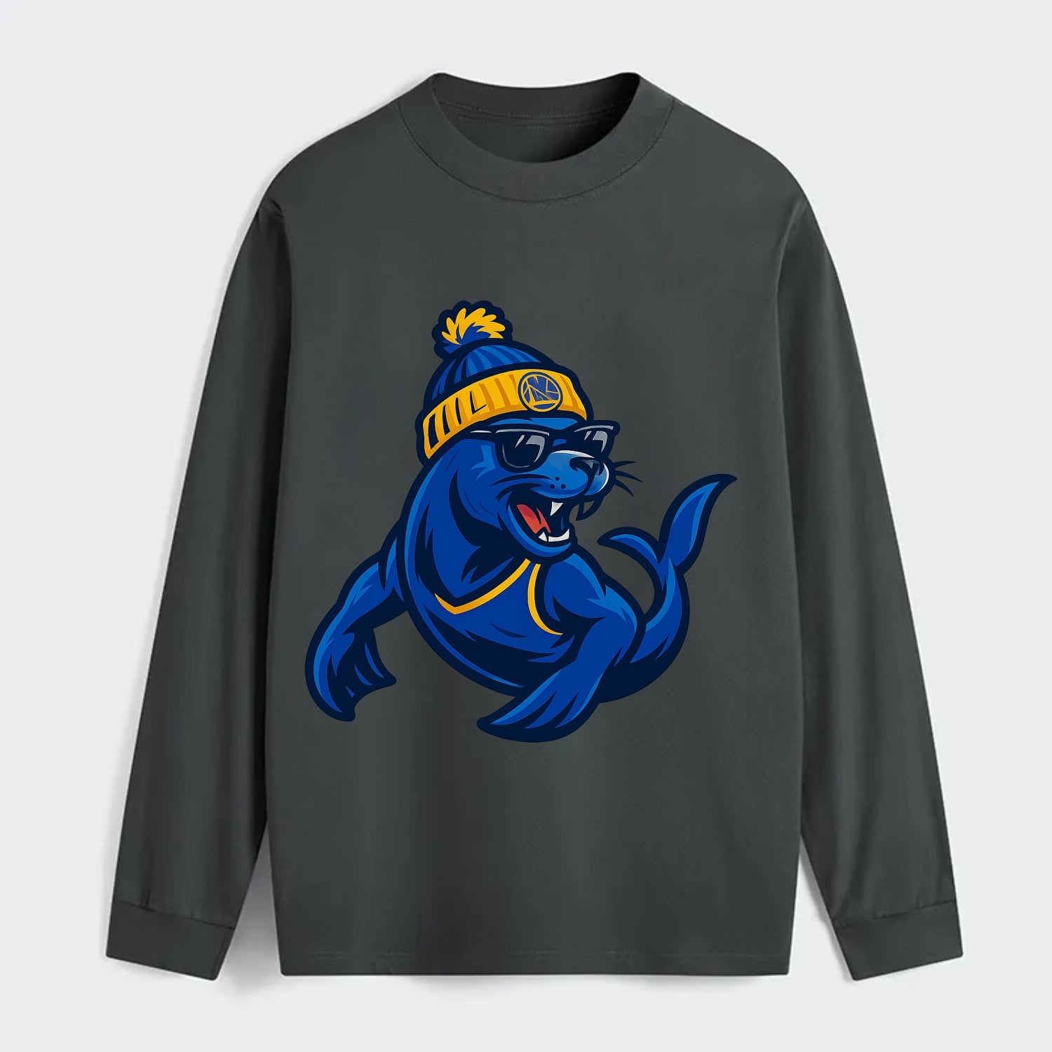 Bay Area Sea Lion wearing Warriors blue and gold beanie with Golden - Classic Long Sleeve Shirt - Gray