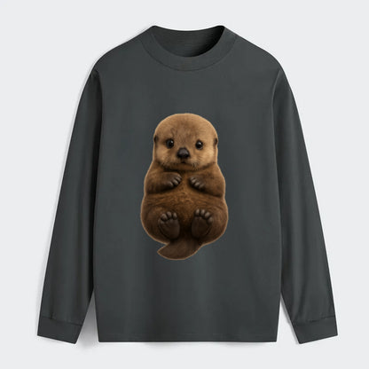 Baby Sea Otter - brown fluffy, floating on back, tiny paws, bright - Classic Long Sleeve Shirt - Gray
