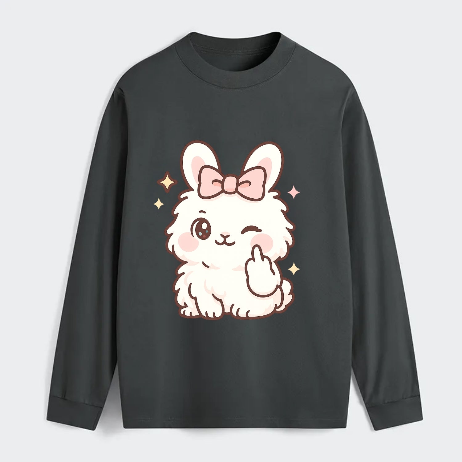 fluffy white angora rabbit with pink bow, one paw delicately flipping - Classic Long Sleeve Shirt - Gray