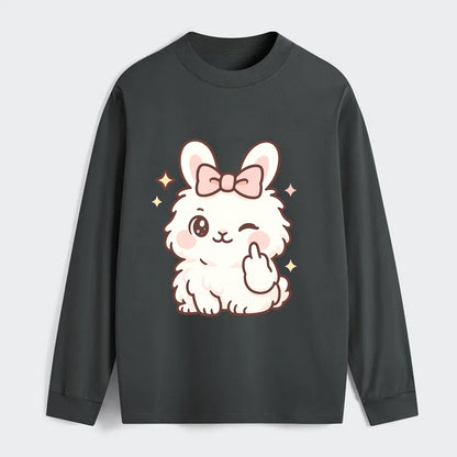 fluffy white angora rabbit with pink bow, one paw delicately flipping - Classic Long Sleeve Shirt - Gray