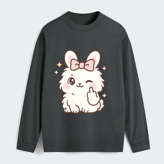 fluffy white angora rabbit with pink bow, one paw delicately flipping - Classic Long Sleeve Shirt - Gray