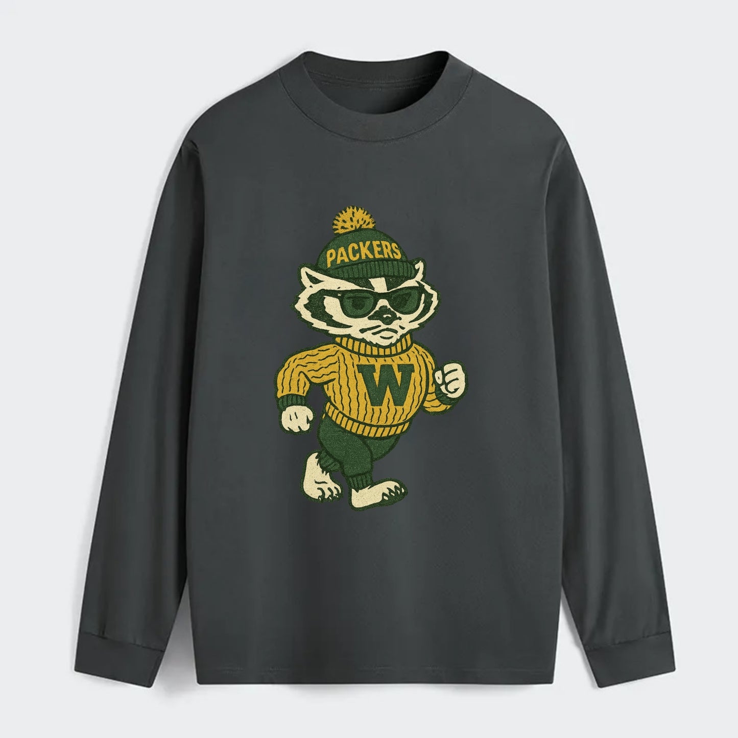 Wisconsin Badger wearing Packers green and gold beanie with pom pom and - Classic Long Sleeve Shirt - Gray