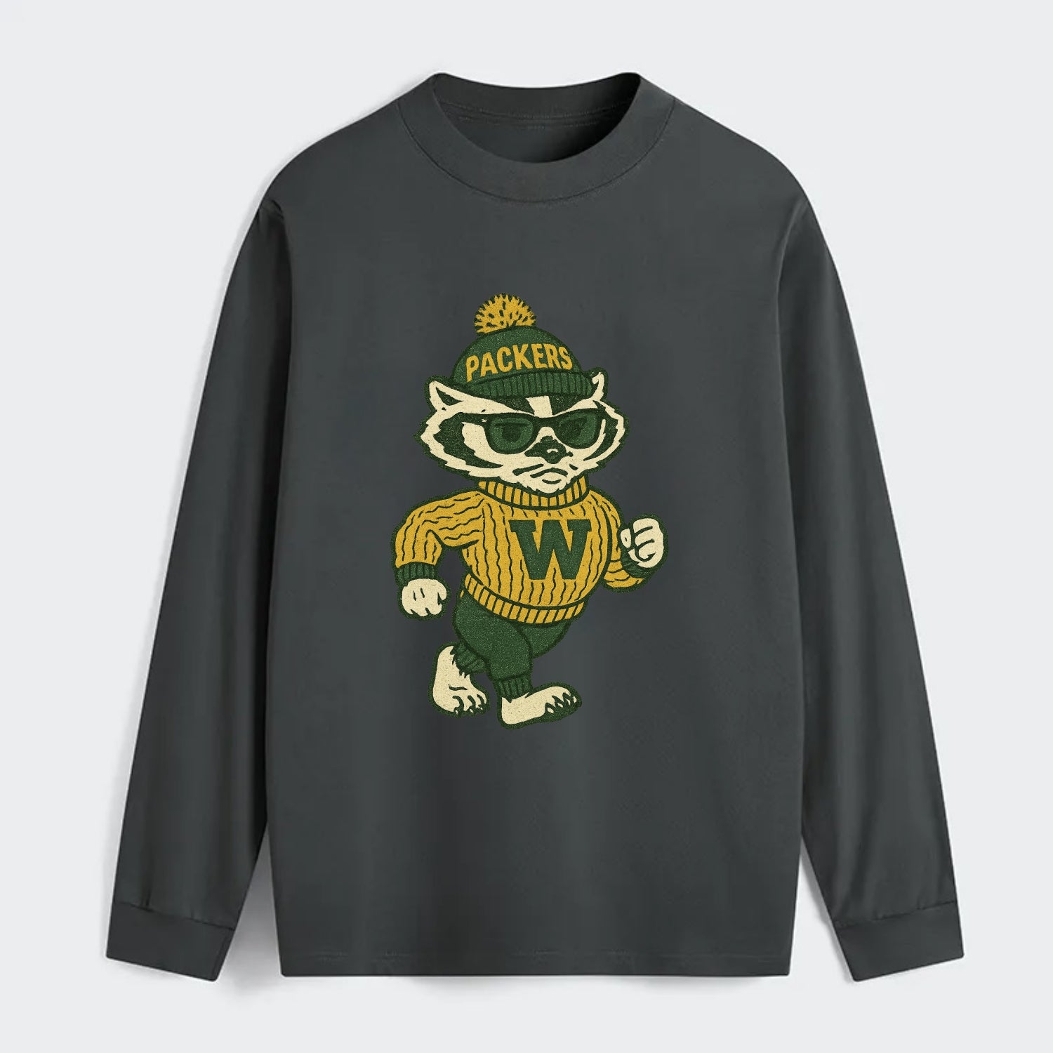 Wisconsin Badger wearing Packers green and gold beanie with pom pom and - Classic Long Sleeve Shirt - Gray