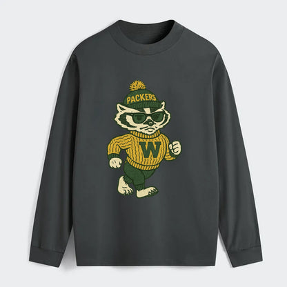 Wisconsin Badger wearing Packers green and gold beanie with pom pom and - Classic Long Sleeve Shirt - Gray