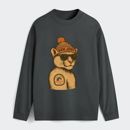 San Jose Mountain Lion wearing San Jose beanie with pom pom and - Classic Long Sleeve Shirt - Gray