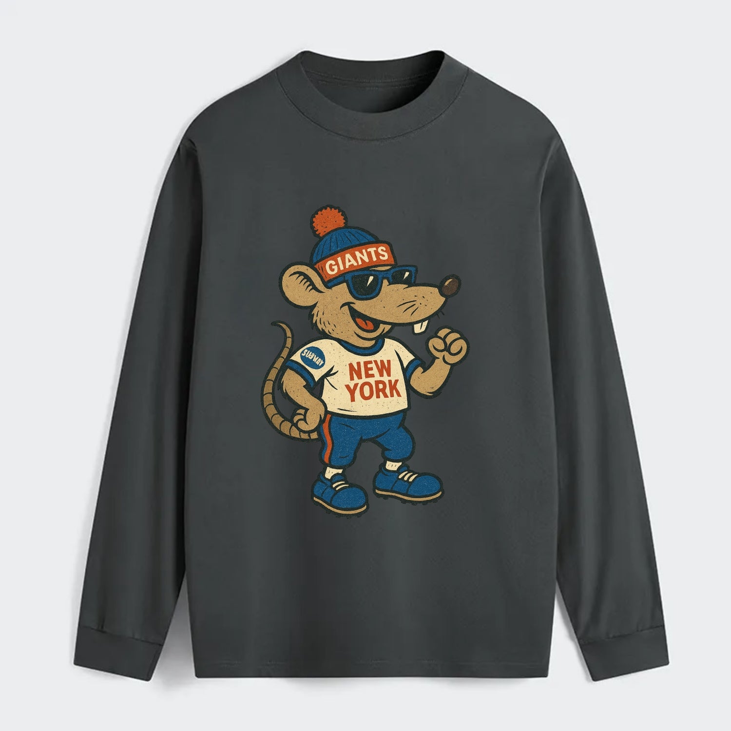 New York Rat wearing Giants beanie with subway patch and wayfarer - Classic Long Sleeve Shirt - Gray
