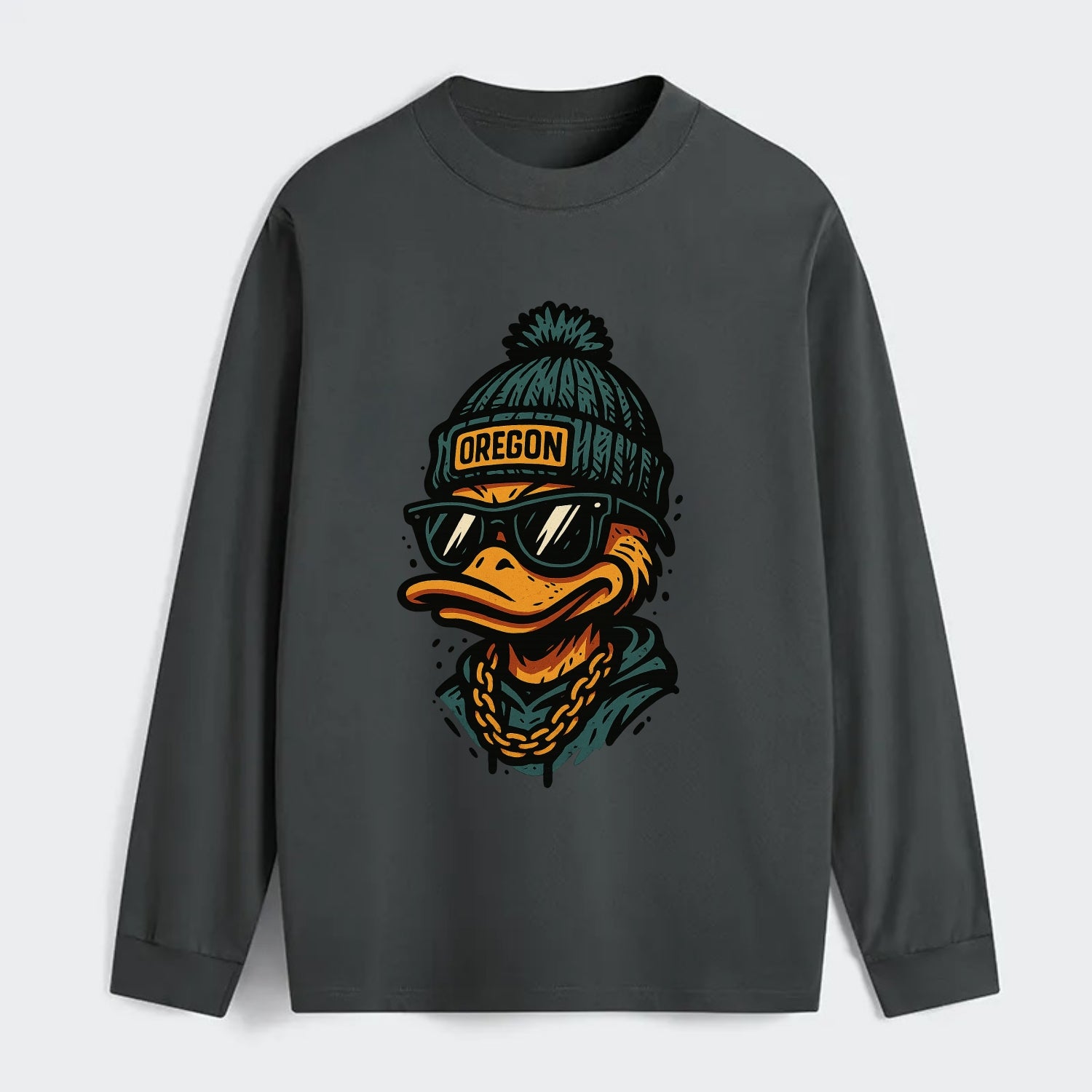 Eugene Duck wearing Oregon beanie with p - Classic Long Sleeve Shirt - Gray