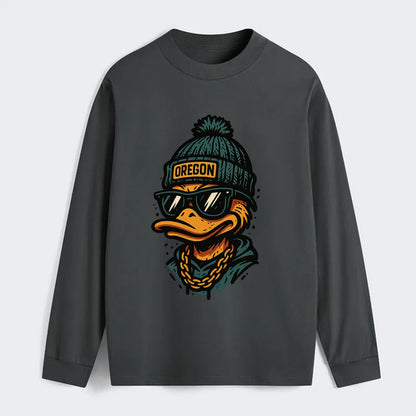 Eugene Duck wearing Oregon beanie with p - Classic Long Sleeve Shirt - Gray