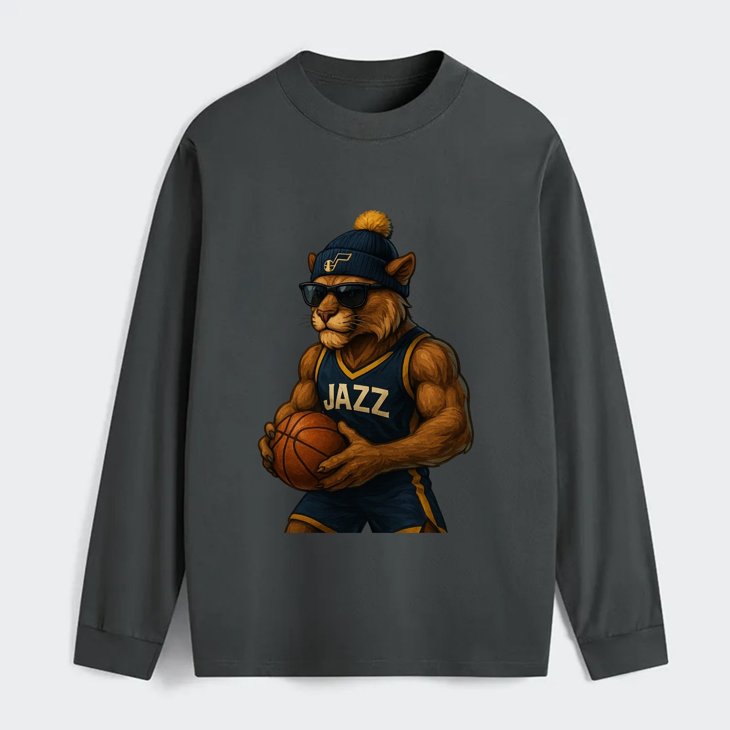 Utah Mountain Lion wearing Jazz navy and yellow beanie with music note - Classic Long Sleeve Shirt - Gray