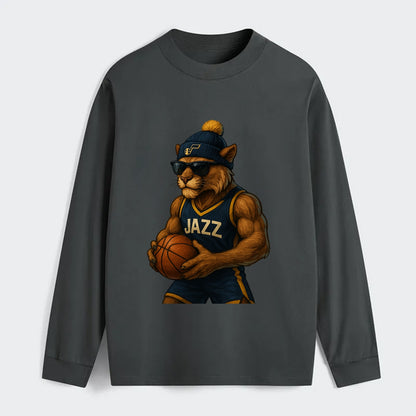 Utah Mountain Lion wearing Jazz navy and yellow beanie with music note - Classic Long Sleeve Shirt - Gray
