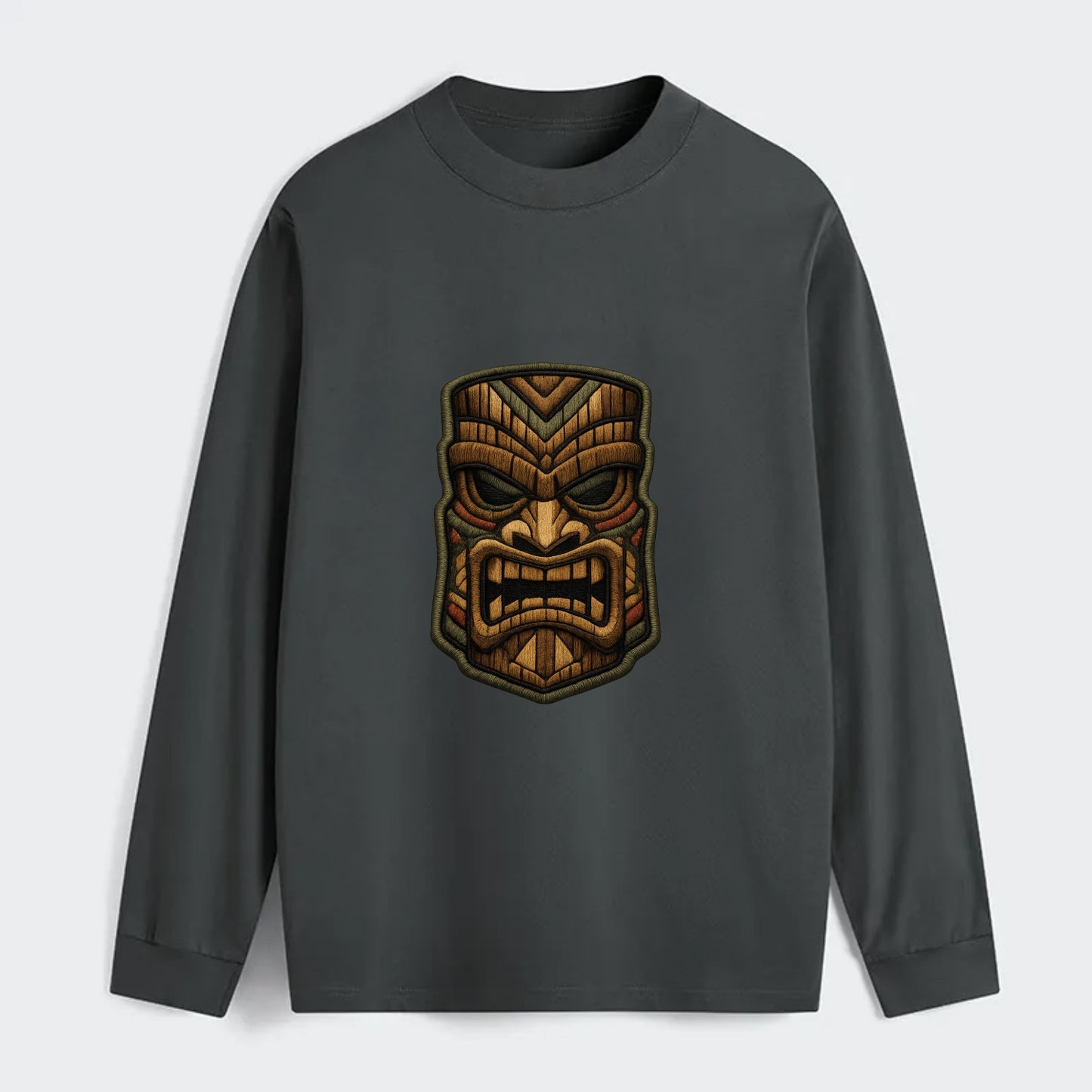 TIKI MASK - carved totem in brown and red , Polynesian - Classic Long Sleeve Shirt - Gray