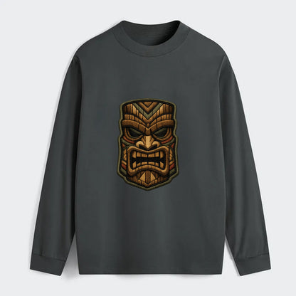 TIKI MASK - carved totem in brown and red , Polynesian - Classic Long Sleeve Shirt - Gray