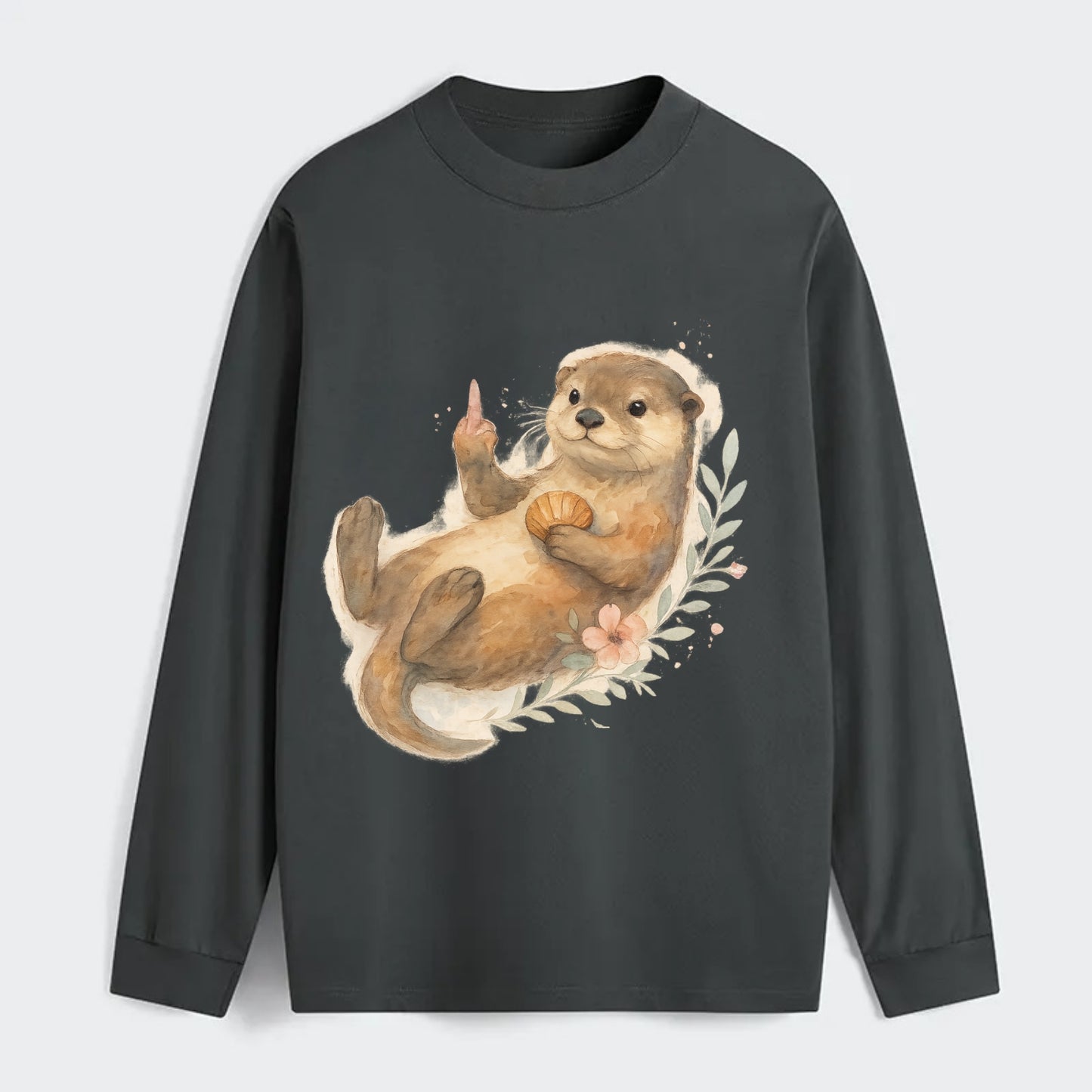 adorable otter floating on back, middle finger up while holding a - Classic Long Sleeve Shirt - Gray