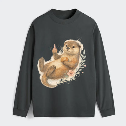 adorable otter floating on back, middle finger up while holding a - Classic Long Sleeve Shirt - Gray