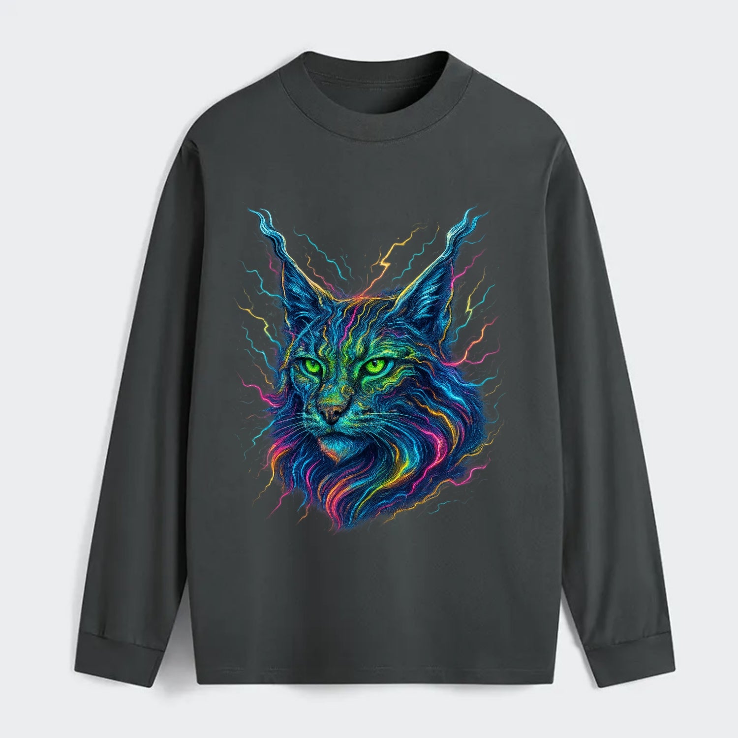 Wild lynx with ear tufts transforming into liquid mercury flows, silver - Classic Long Sleeve Shirt - Gray