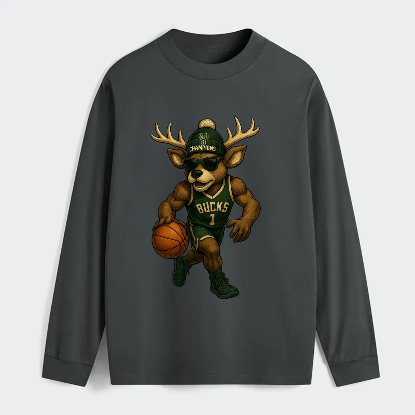 Milwaukee Buck Deer wearing Bucks green and cream beanie with antlers - Classic Long Sleeve Shirt - Gray