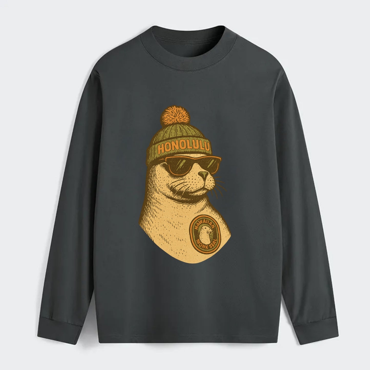 Hawaii Monk Seal wearing Honolulu beanie with pom pom and wayfarer - Classic Long Sleeve Shirt - Gray