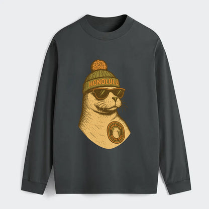 Hawaii Monk Seal wearing Honolulu beanie with pom pom and wayfarer - Classic Long Sleeve Shirt - Gray
