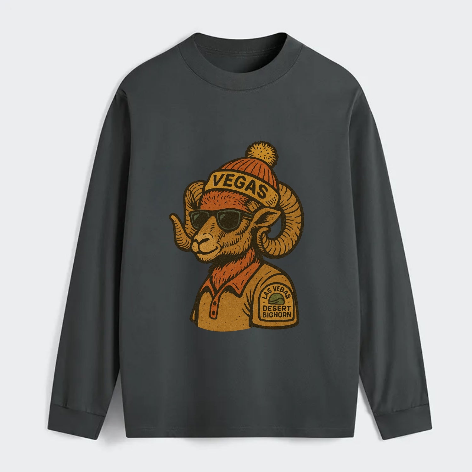 Las Vegas Desert Bighorn wearing Vegas beanie with pom pom and wayfarer - Classic Long Sleeve Shirt - Gray