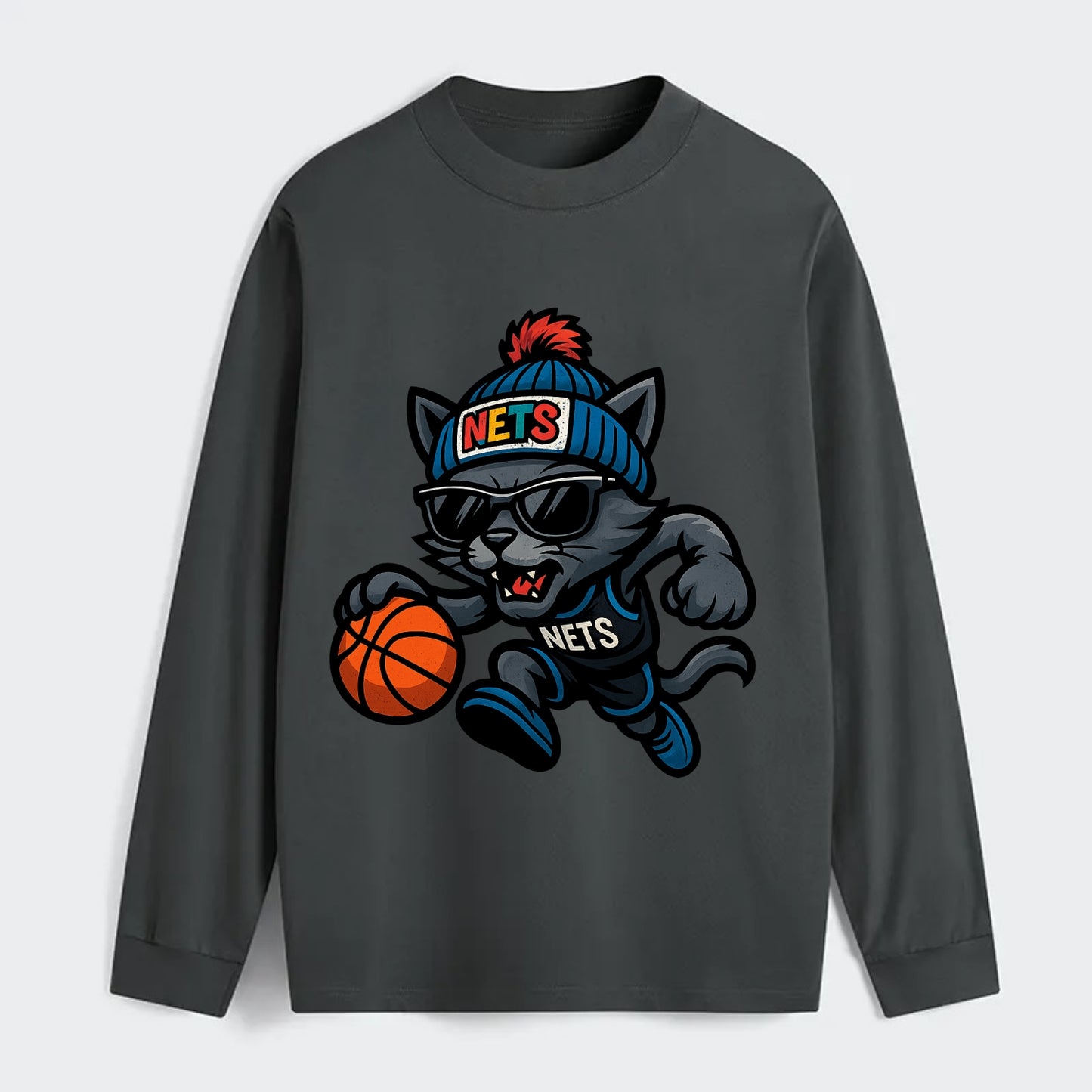 Brooklyn Cat wearing Nets beanie with street art patch and wayfarer - Classic Long Sleeve Shirt - Gray