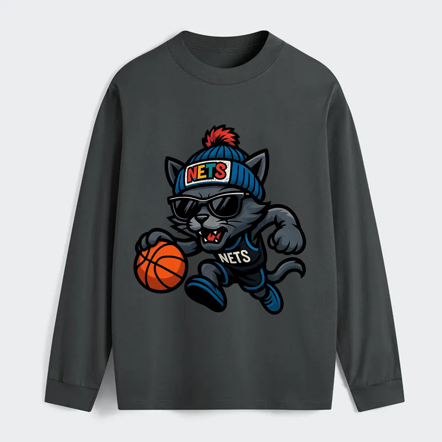 Brooklyn Cat wearing Nets beanie with street art patch and wayfarer - Classic Long Sleeve Shirt - Gray