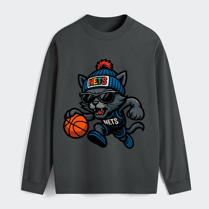 Brooklyn Cat wearing Nets beanie with street art patch and wayfarer - Classic Long Sleeve Shirt - Gray