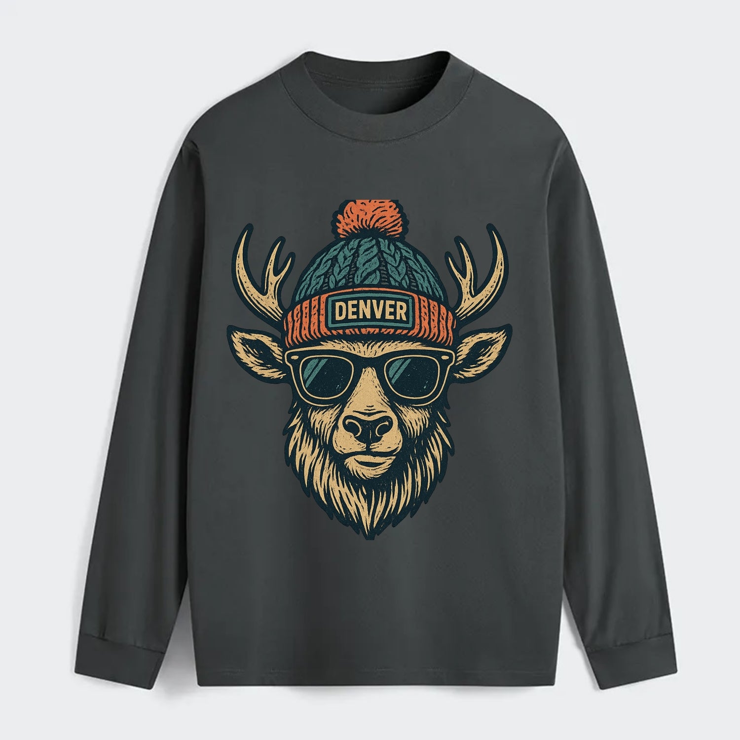 Denver Elk wearing Denver beanie with pom pom and wayfarer sunglasses - Classic Long Sleeve Shirt - Gray