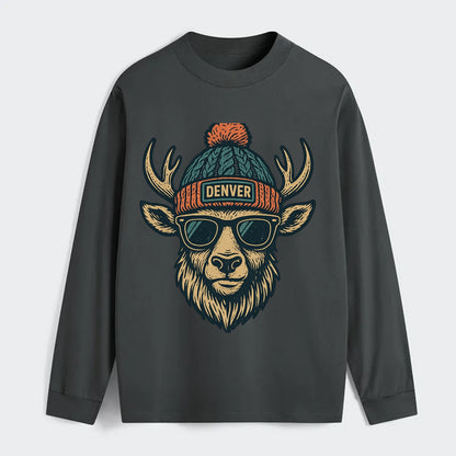 Denver Elk wearing Denver beanie with pom pom and wayfarer sunglasses - Classic Long Sleeve Shirt - Gray