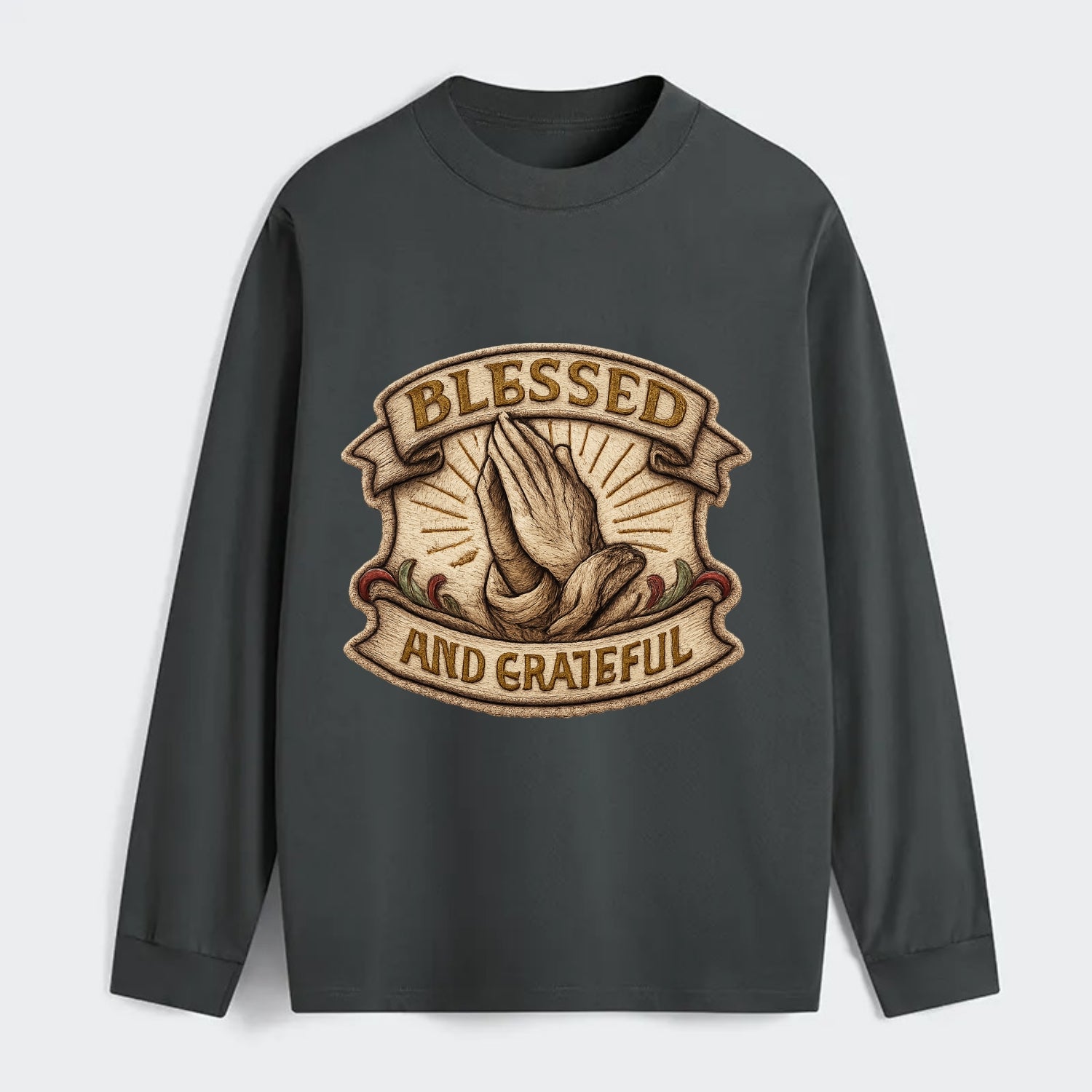 BLESSED AND GRATEFUL - praying hands with text in gold , thankful - Classic Long Sleeve Shirt - Gray