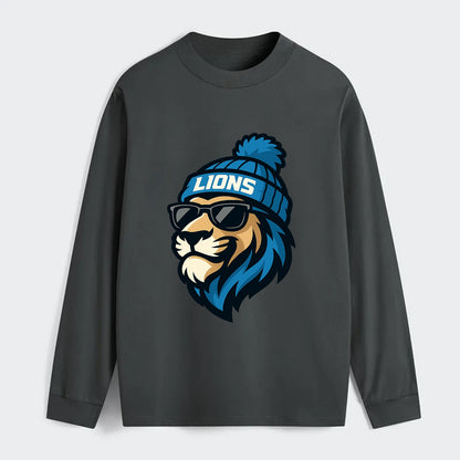 Detroit Lion wearing Lions Honolulu blue and silver beanie with pom pom - Classic Long Sleeve Shirt - Gray