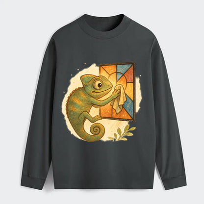 Chameleon blending into a stained-glass window it is polishing with - Classic Long Sleeve Shirt - Gray