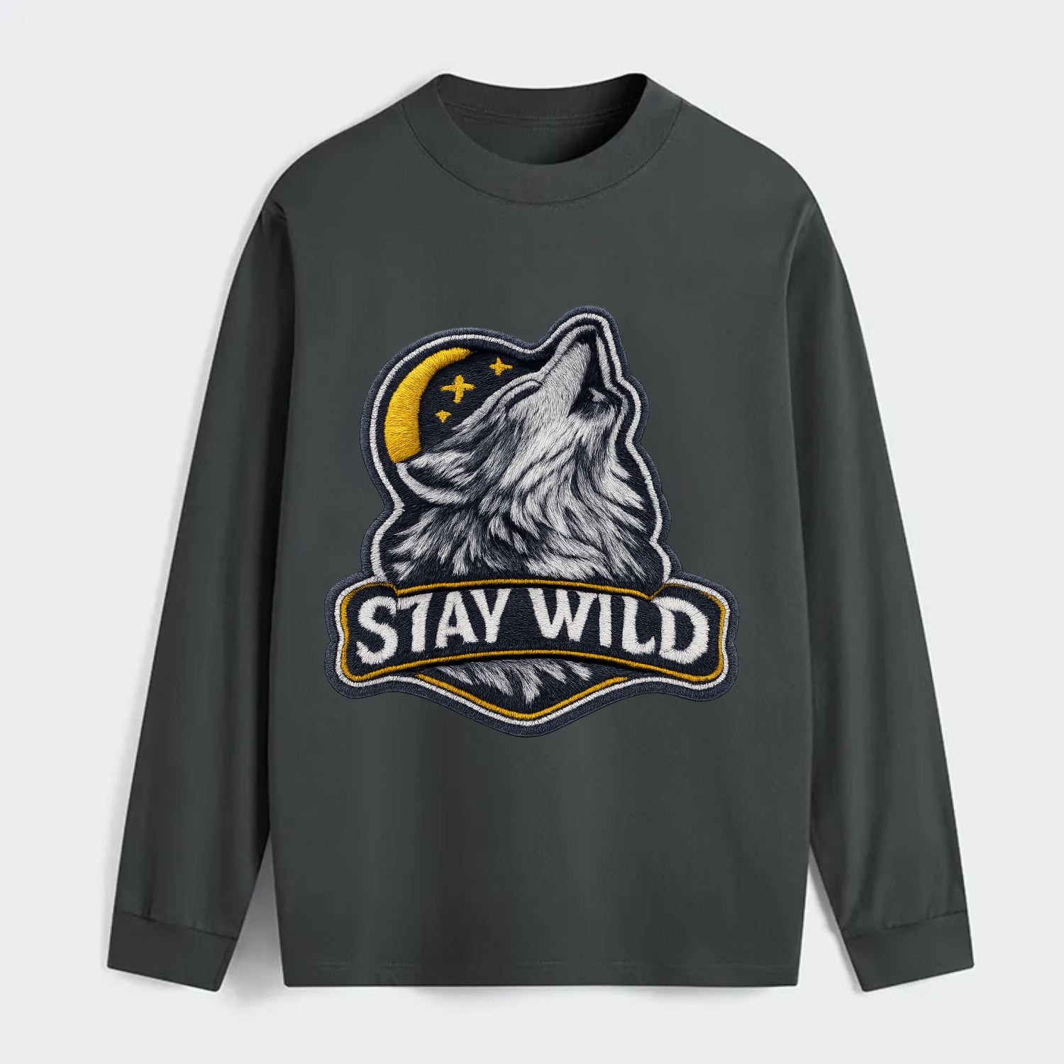 STAY WILD - wolf with text in gray , free spirit - Classic Long Sleeve Shirt - Gray