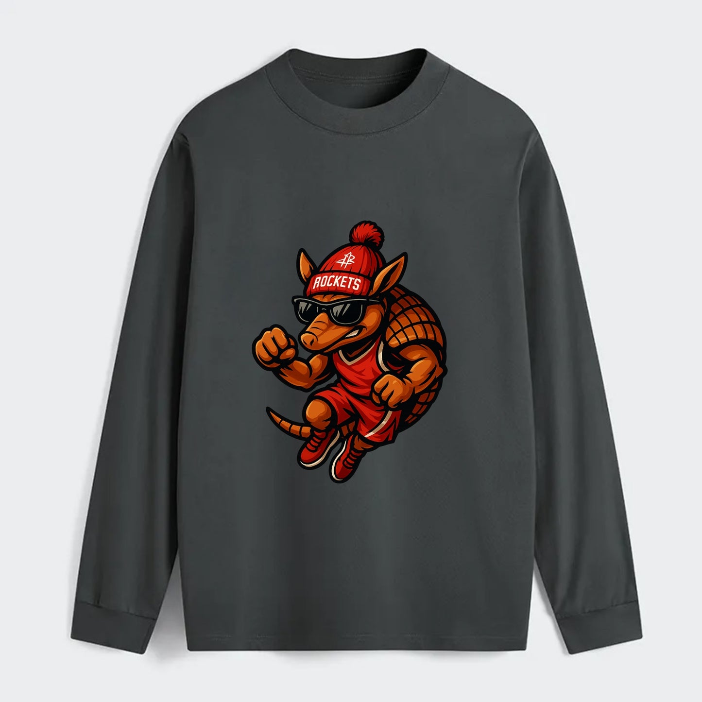 Houston Armadillo wearing Rockets red and silver beanie with rocket - Classic Long Sleeve Shirt - Gray