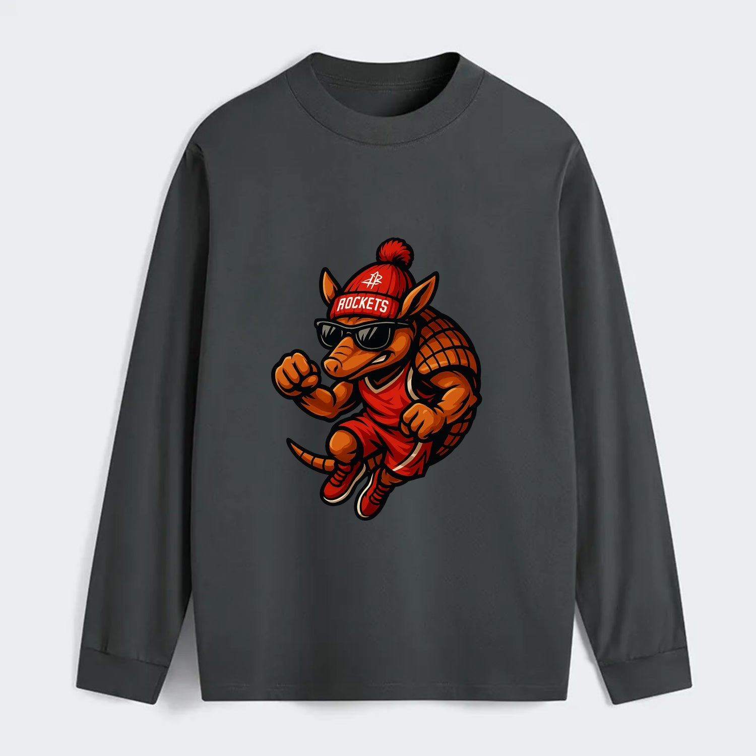 Houston Armadillo wearing Rockets red and silver beanie with rocket - Classic Long Sleeve Shirt - Gray