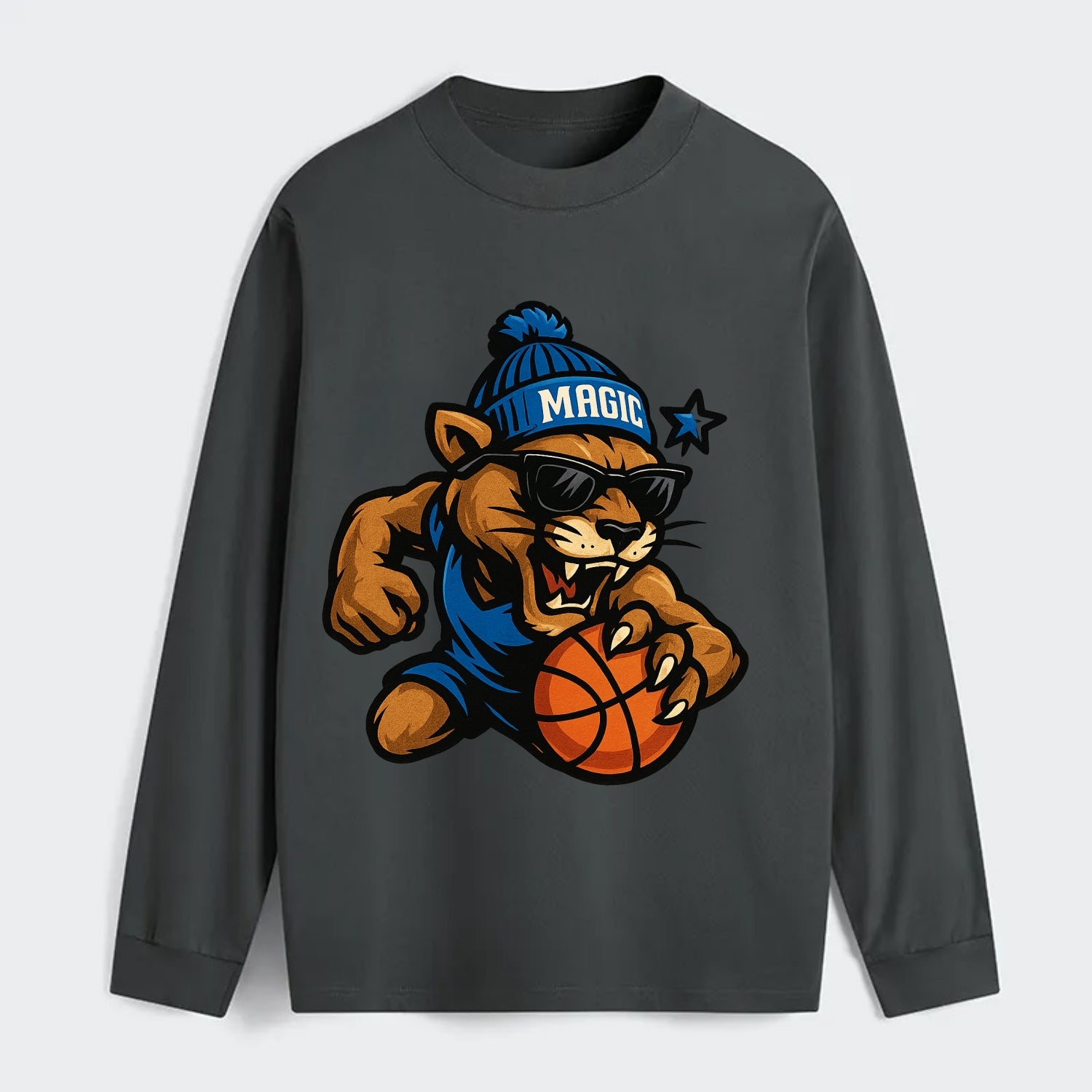 Florida Panther wearing Magic beanie with star wand patch and wayfarer - Classic Long Sleeve Shirt - Gray