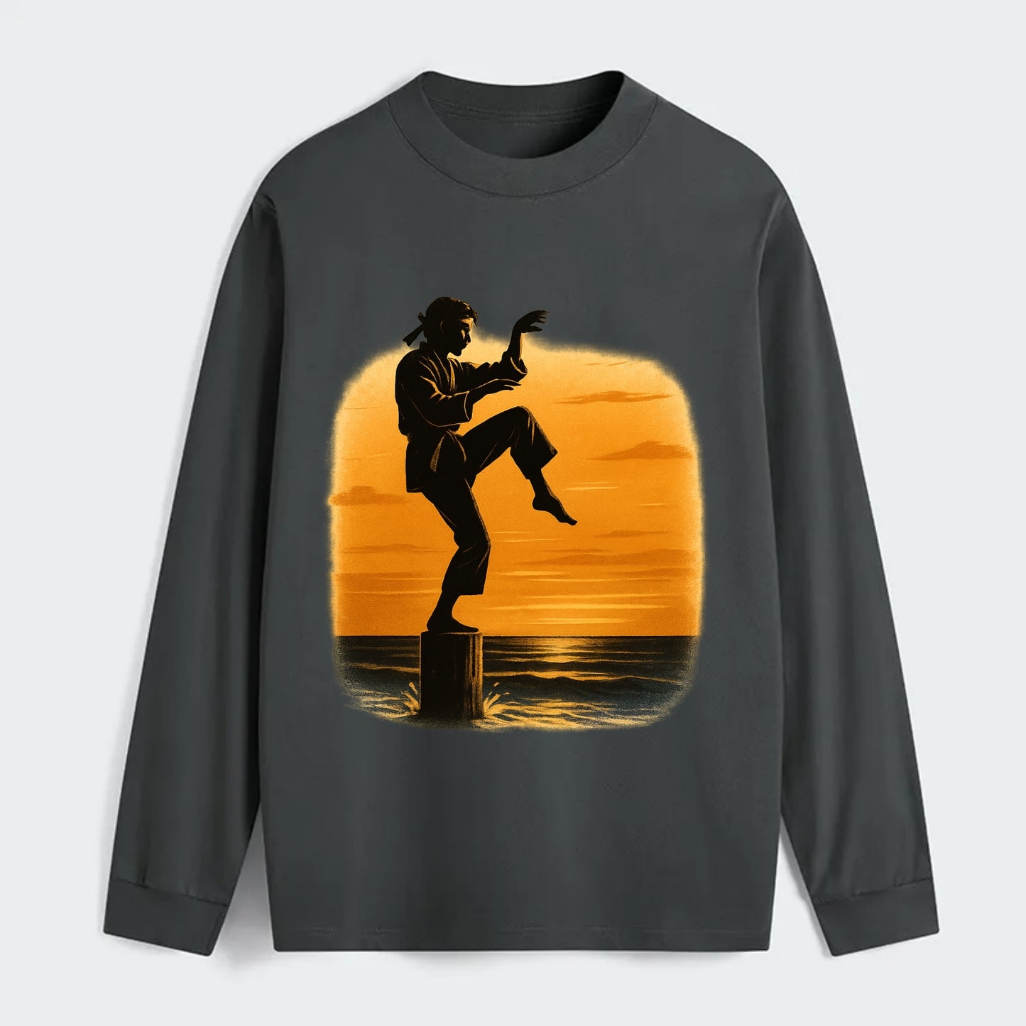 karate crane kick pose on wooden post at beach sunset - Classic Long Sleeve Shirt - Gray
