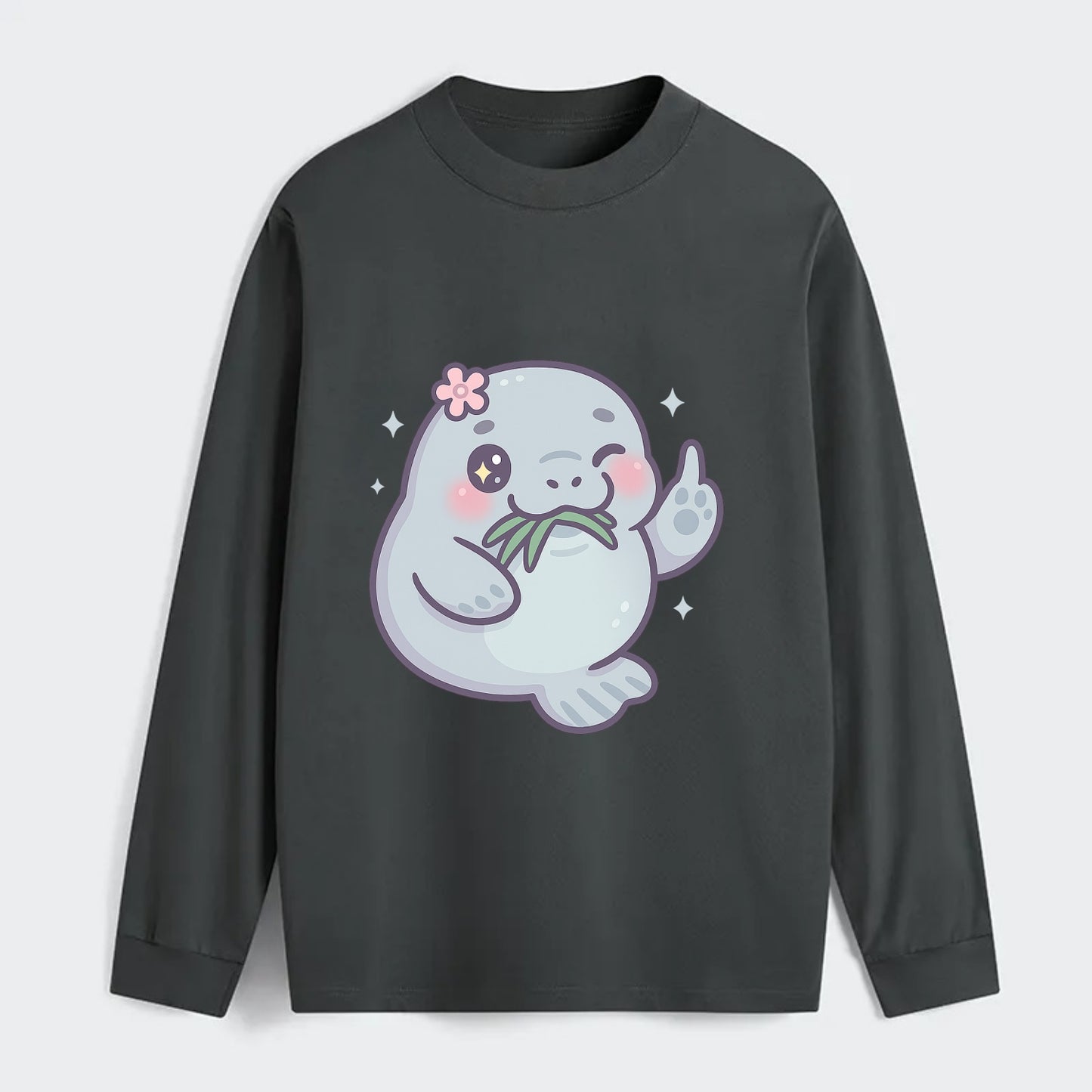 chubby manatee munching on seagrass, one flipper raised with sass - Classic Long Sleeve Shirt - Gray
