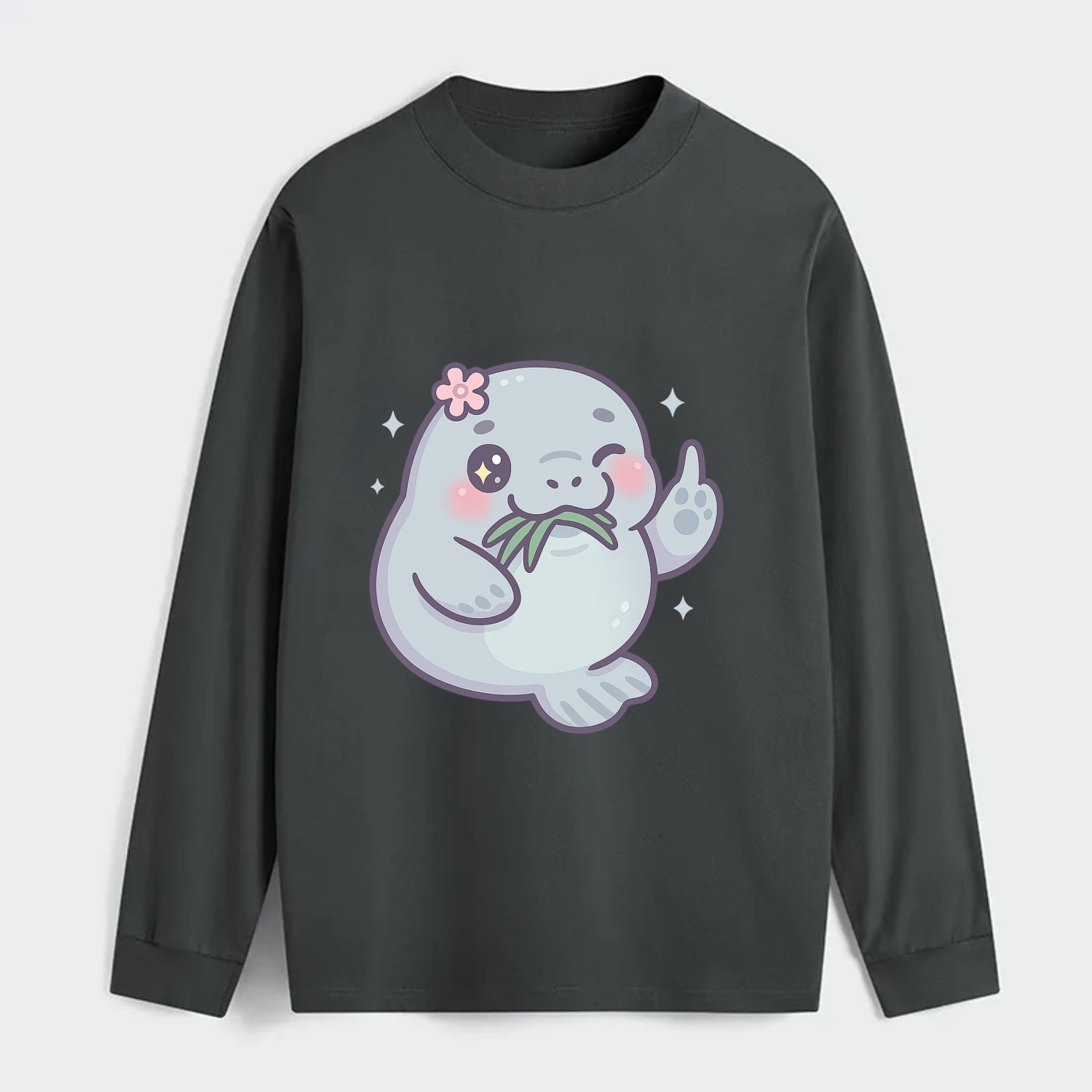 chubby manatee munching on seagrass, one flipper raised with sass - Classic Long Sleeve Shirt - Gray