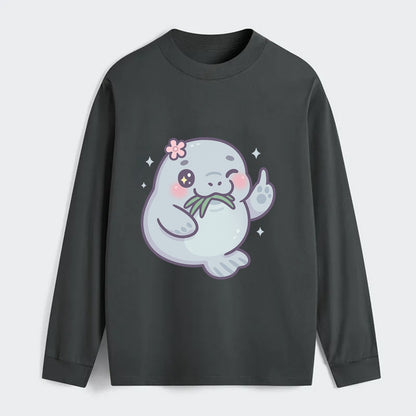 chubby manatee munching on seagrass, one flipper raised with sass - Classic Long Sleeve Shirt - Gray