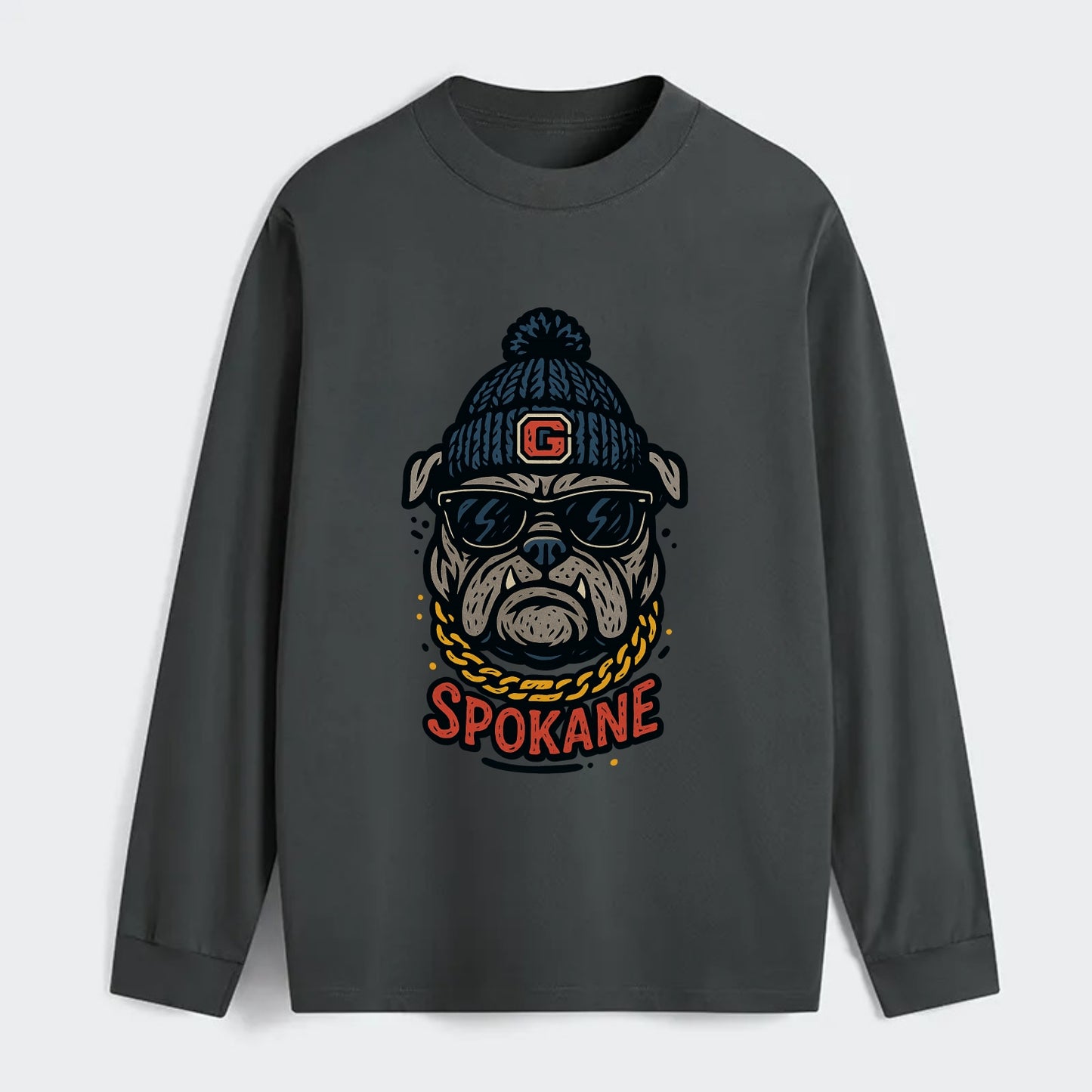 Spokane Bulldog wearing Gonzaga beanie with G patch - Classic Long Sleeve Shirt - Gray