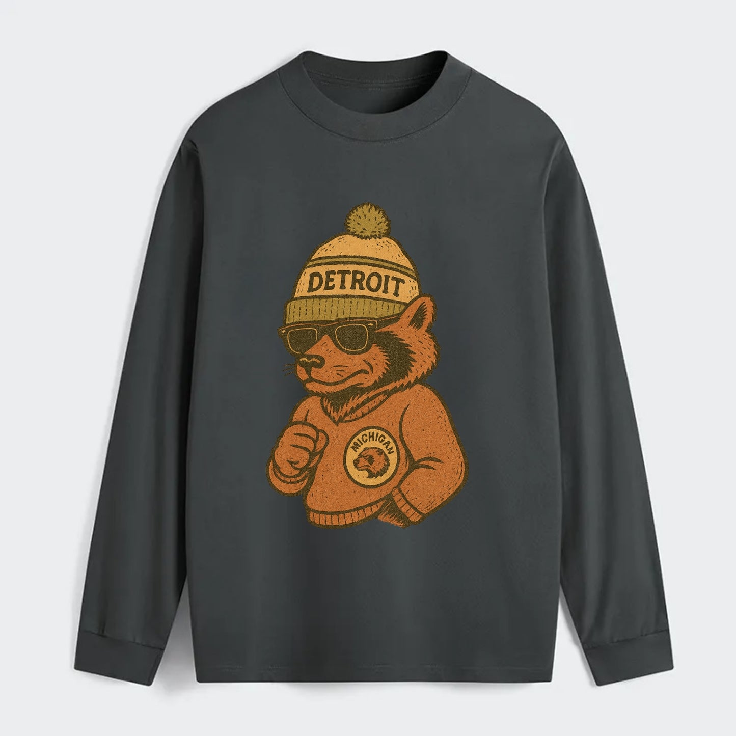 Michigan Wolverine wearing Detroit beanie with pom pom and wayfarer - Classic Long Sleeve Shirt - Gray