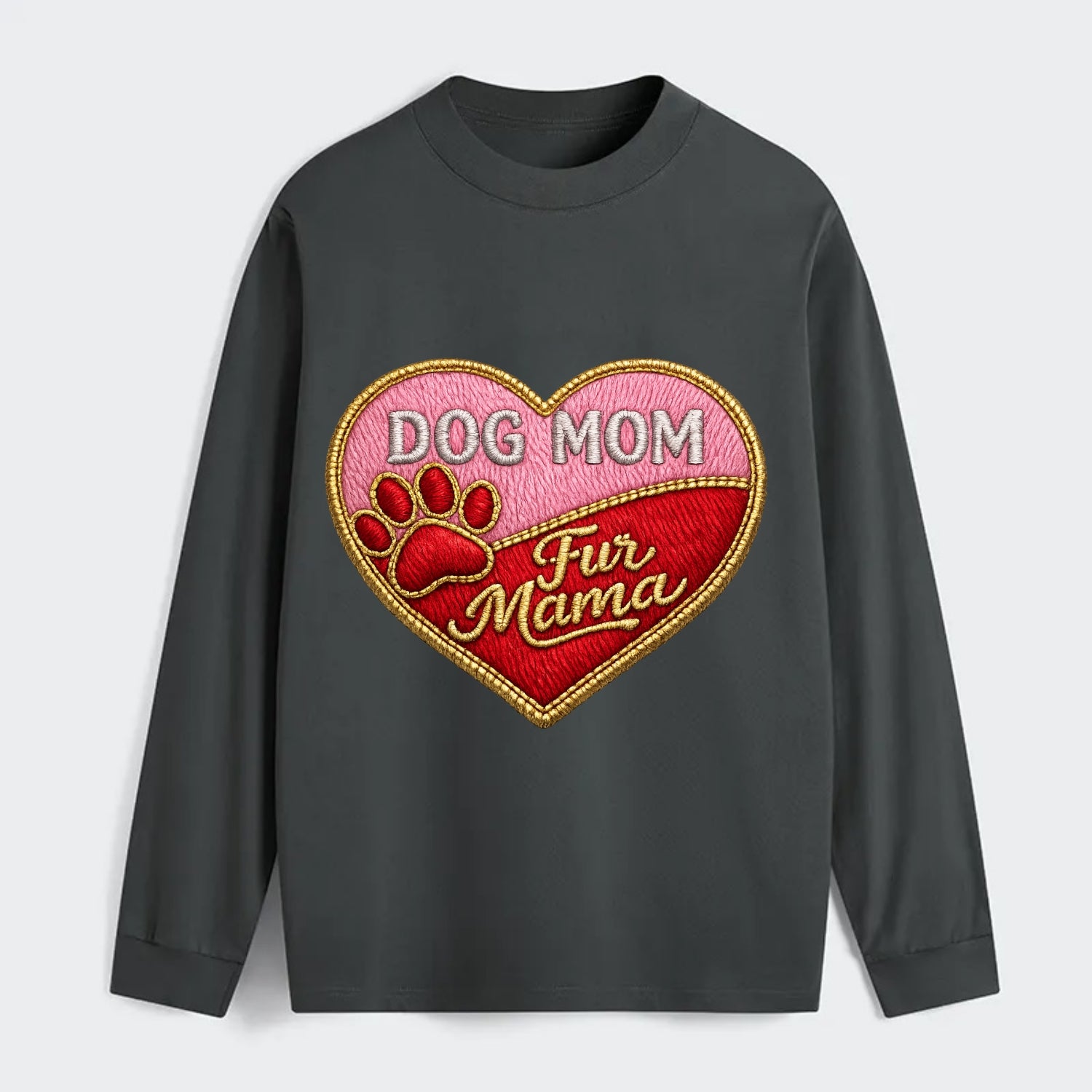 DOG MOM HEART - heart with paw print in pink and red , fur mama - Classic Long Sleeve Shirt - Gray