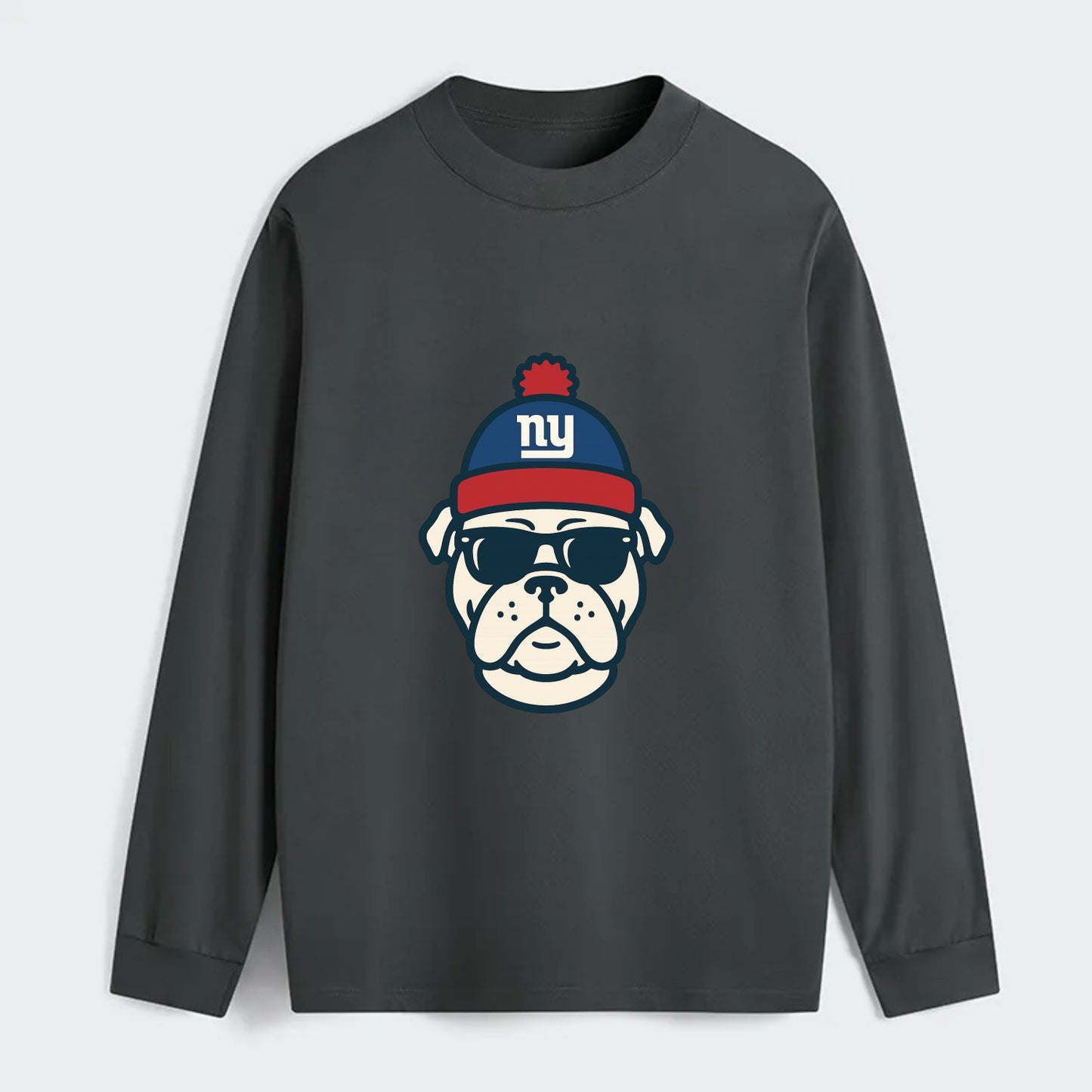 New York Bulldog wearing Giants blue and red beanie with pom pom and - Classic Long Sleeve Shirt - Gray