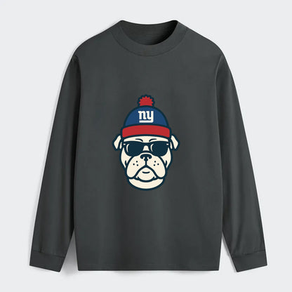 New York Bulldog wearing Giants blue and red beanie with pom pom and - Classic Long Sleeve Shirt - Gray