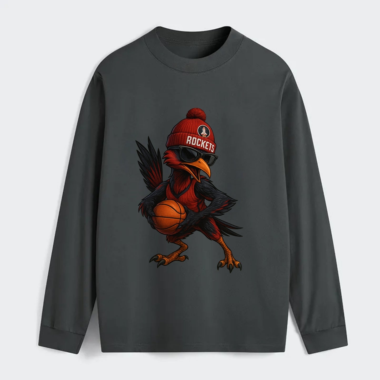 Houston Roadrunner wearing Rockets beanie with launch pad patch and - Classic Long Sleeve Shirt - Gray