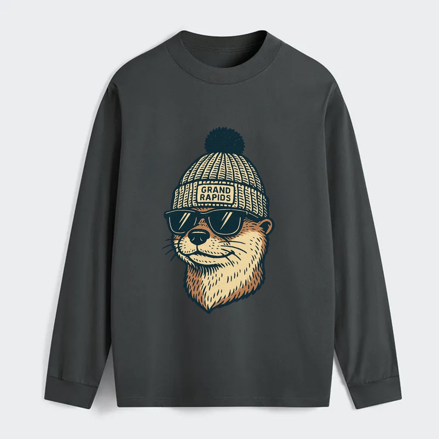 Grand Rapids River Otter wearing Grand Rapids beanie with pom pom and - Classic Long Sleeve Shirt - Gray